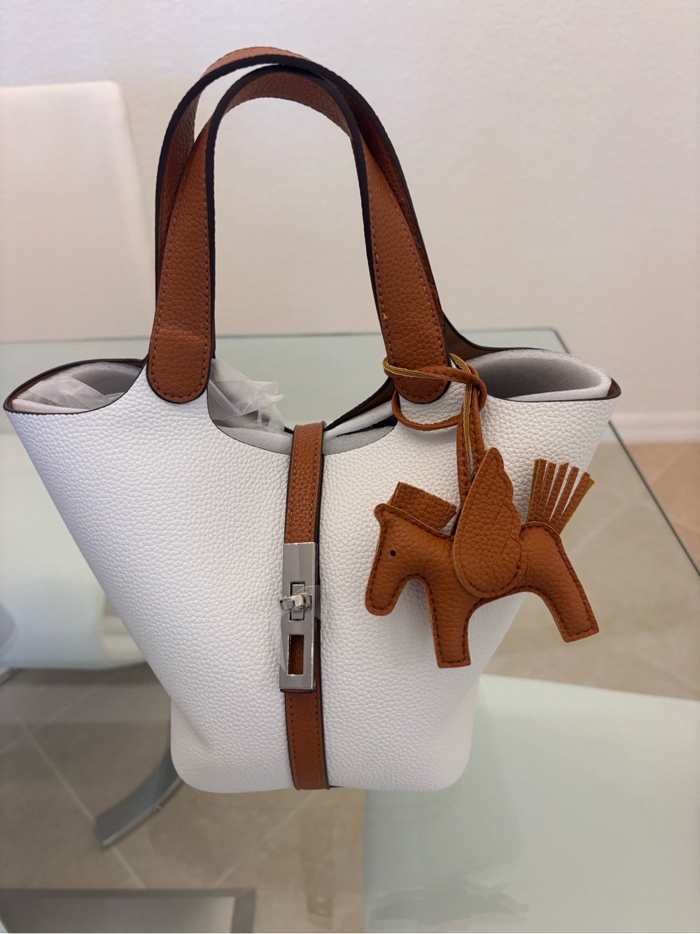 White Pebbled Mini Tote with Tan Trim and Charm